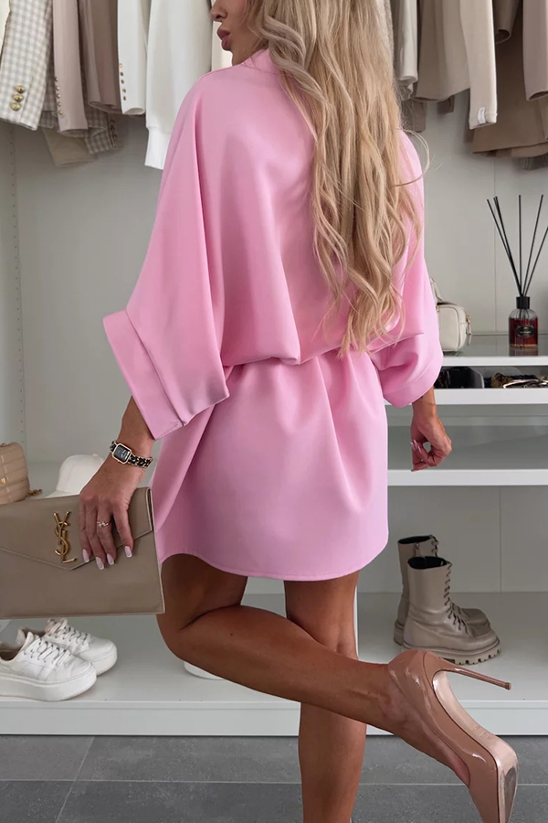 Solid Color Loose Round Neck Belted Mini Dress | Consonak