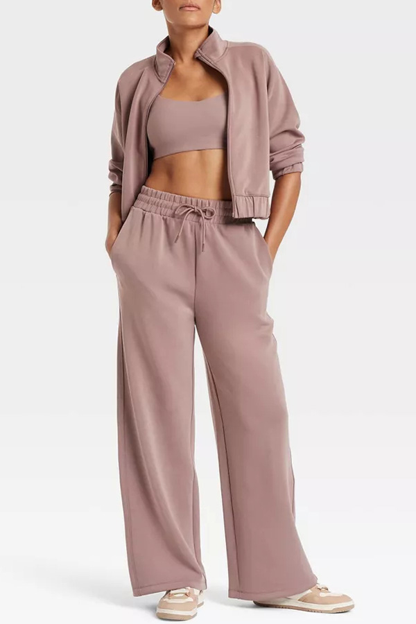 Airy Sleek Full Zip Jacket and High Rise Elastic Waist Pocket Wide Leg Sweatpants Set-consonak