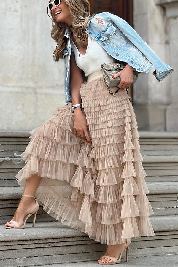 Be Your Own City Queen Tiered Elastic Waist Tulle Maxi Skirt | Consonak