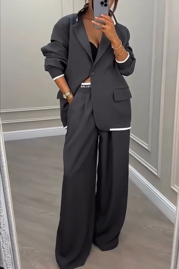 Fashion Sports Style Ribbed Colorblock Lapel Blazer and Elastic Waist Pocket Loose Pants Set-Consonak