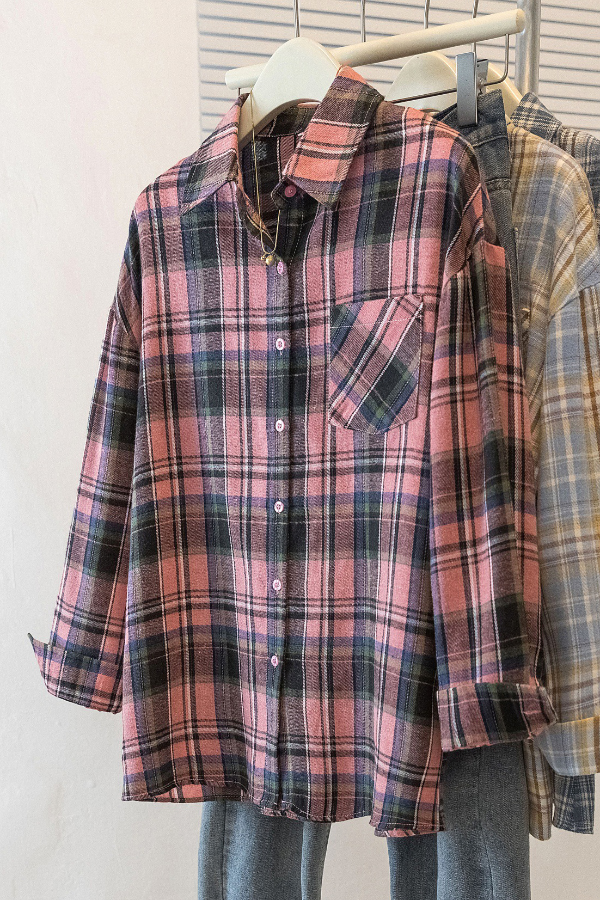Stylish Plaid Collared Long-sleeved Pockets Casual Loose Shirt | Consonak