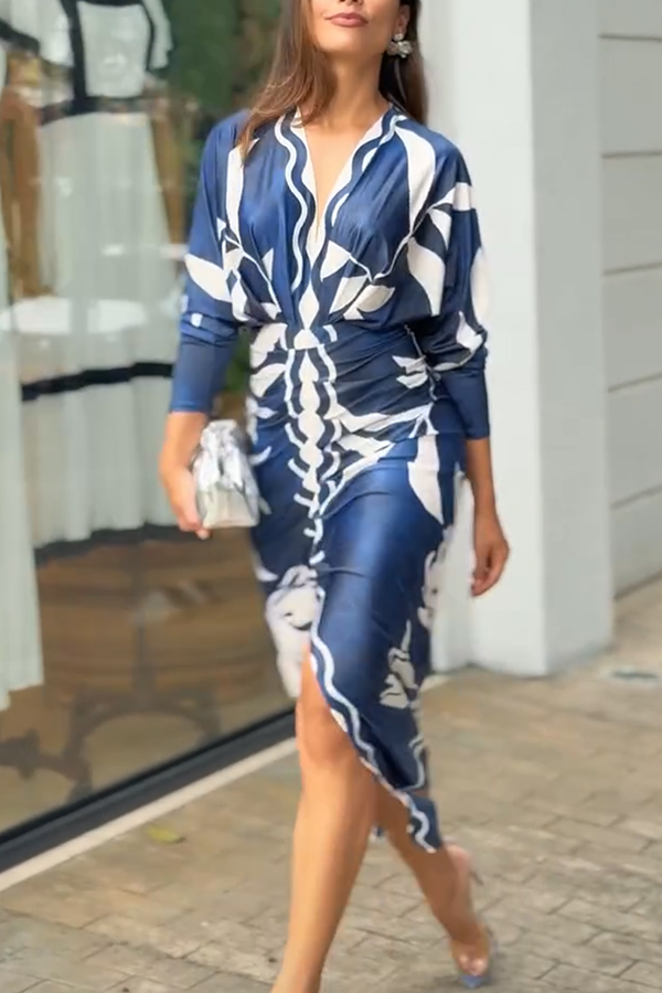 Brazilian Style Unique Print Dolman Long Sleeve Ruched Slit Midi Dress  Vestidos-consonak