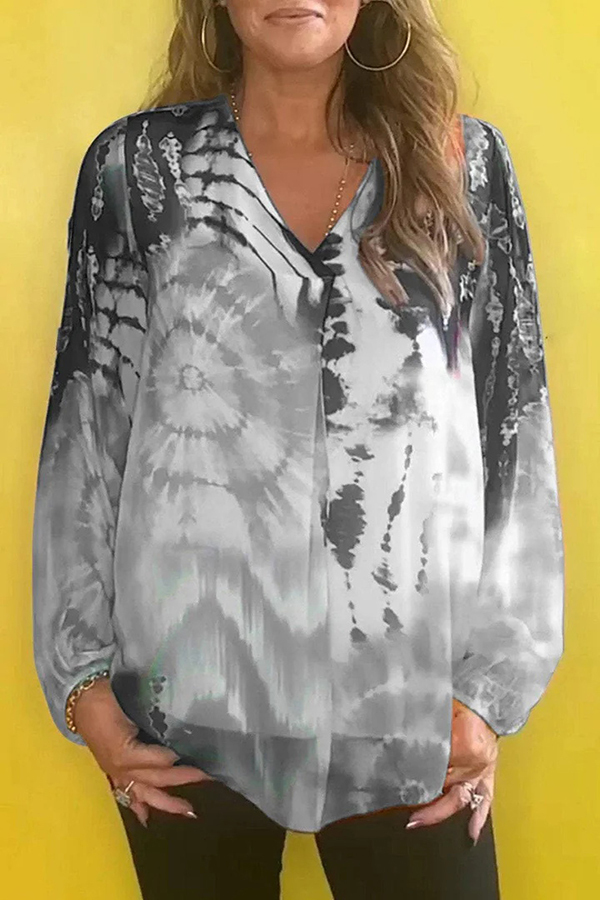 Fashionable Gradient Tie-dye V-neck Long-sleeved Casual Shirt-consonak