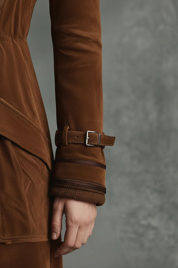 Stylish Suede Lapel Button Casual Pocket Long Trench Coat-consonak