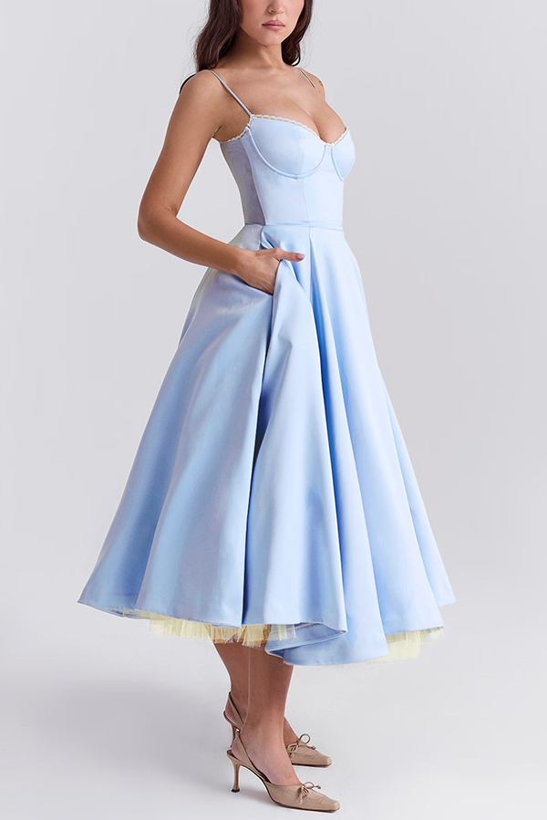 Fairytale Vibe Satin Patchwork Tulle Sweetheart Neck Pocket Stretch Midi Dress-consonak