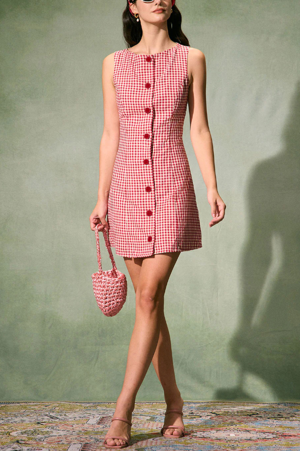 Retro Plaid Print Sleeveless Round Neck Button Casual Mini Dress | Consonak