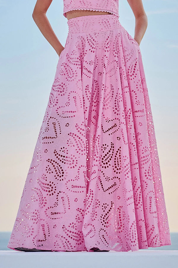 Paris Dreaming Embroidered Lace High Rise Elastic Waist Pocketed Maxi Skirt  | Consonak