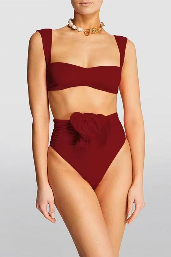 Solid Color Square Neck High Waist 3D Floral Stretch Bikini Swimsuit-consonak