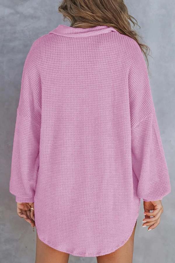 Solid Color Waffle Loose Casual Knitted Pocket Top-consonak