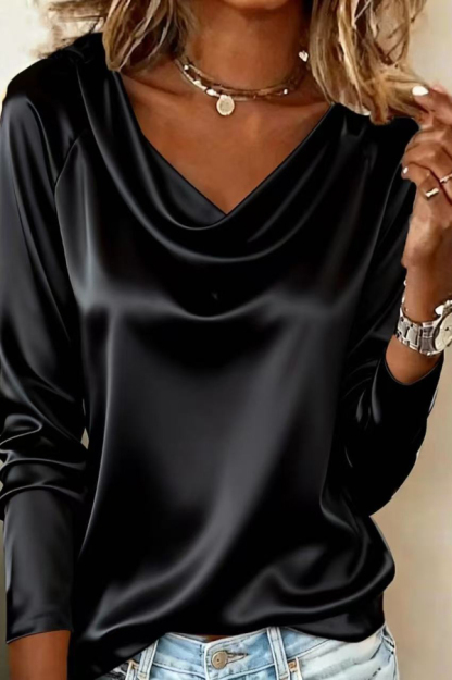 Solid Color Satin Casual Long-sleeved Draped Shirt-consonak