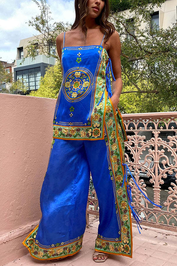 Nara Satin Unique Print Side Lace-up Tank and Elastic Waist Pocketed Wide Leg Pants Set-consonak