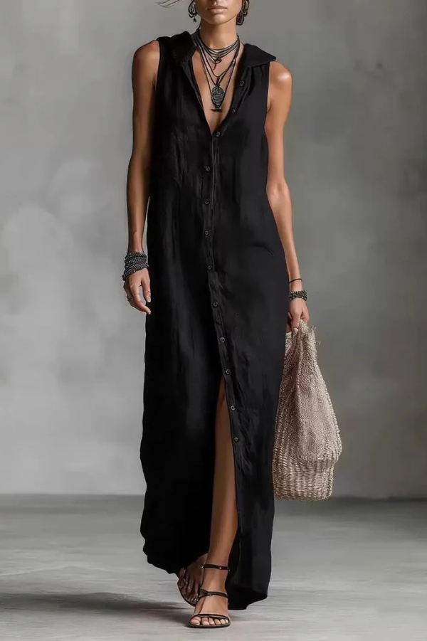 Linen Blend Solid Color Loose Single-breasted Sleeveless Casual Maxi Dress