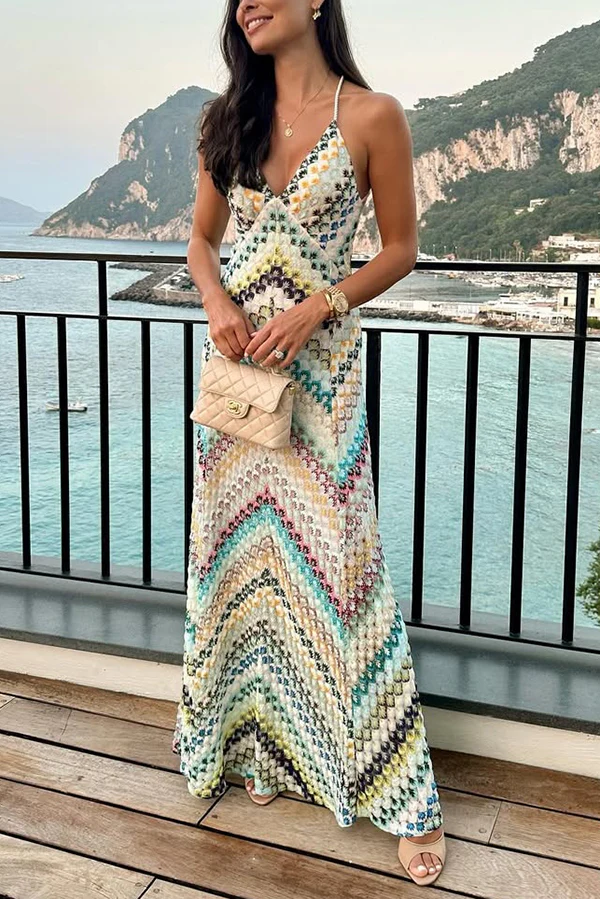 Missoni Summer Knit Colorful Herringbone Print Open Beck Maxi Dress | Consonak