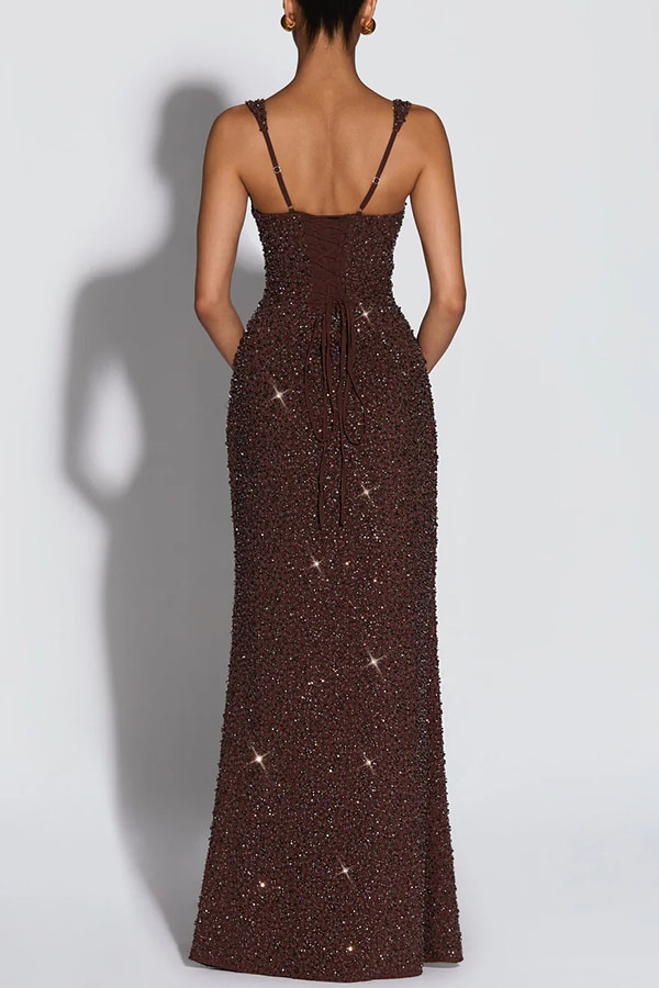 Calanthe Sequin Embellished Chiffon Ruched Square Neck Back Lace-up Maxi Dress-consonak