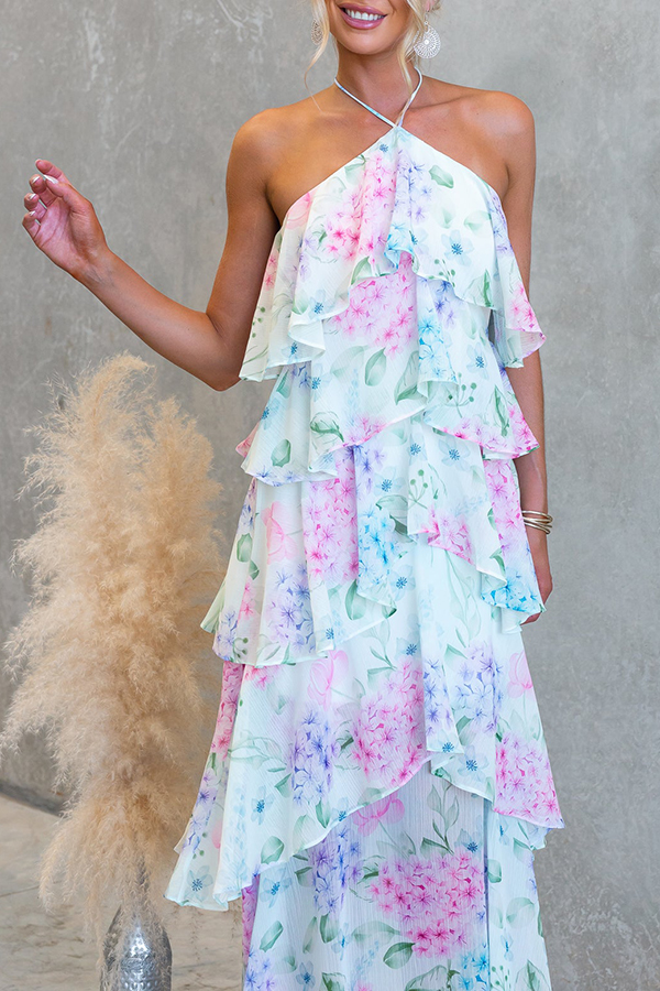 Poetic Eden Chiffon Floral Print Tiered Ruffles Halter A-line Maxi Dress | Consonak