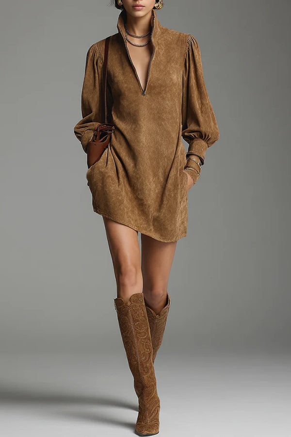 Stylish Loose-fitting Suede Zip-up V-neck Mini Dress-consonak