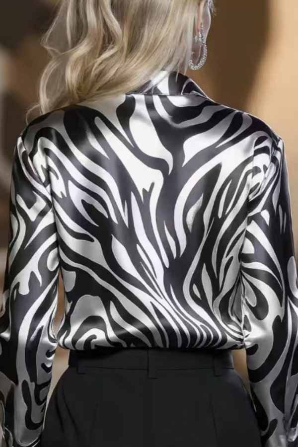 Zebra Print Satin Casual Long-sleeved Button-down Shirt-consonak