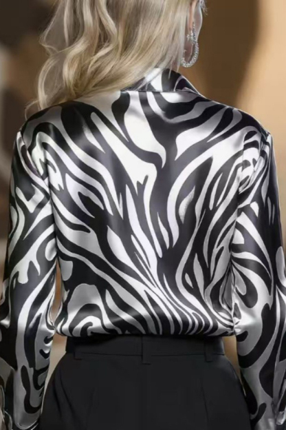 Zebra Print Satin Casual Long-sleeved Button-down Shirt-consonak