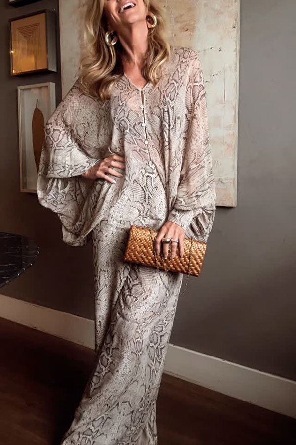 Iselle Animal Print Button Up Batwing Sleeve Shirt and Elastic Waist Wide Leg Pants Set | Consonak