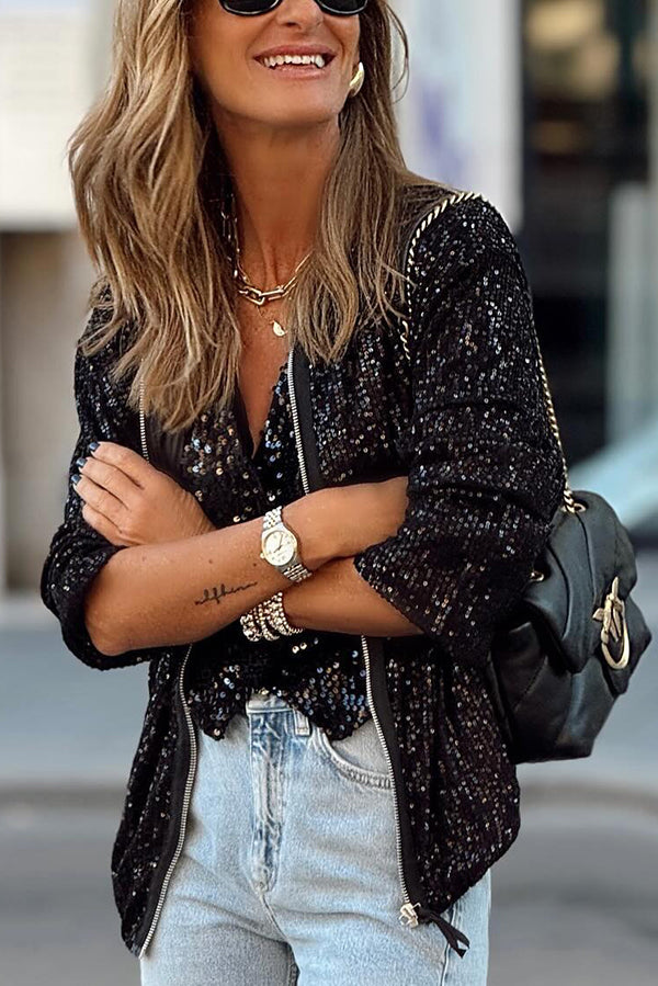 Star Kisses Sequin Zipped Long Sleeve Relaxed or Party Coat-consonak