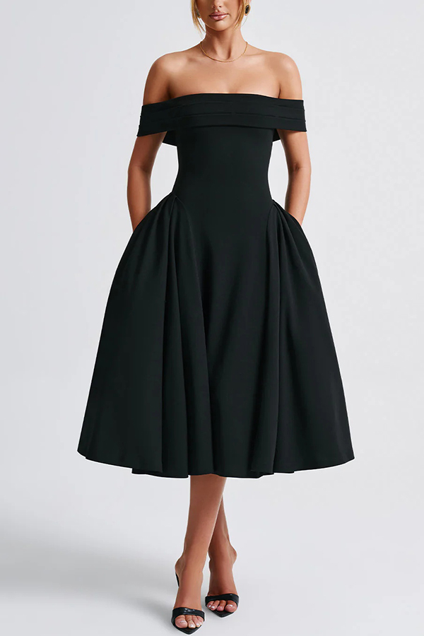 Princess Temperament Batdot Neck Pleat Detail Midi Dress-consonak