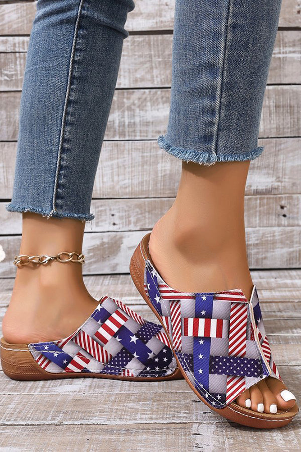 Independence Day Stars and Stripes Wedge Heel Peep Toe Slides-consonak