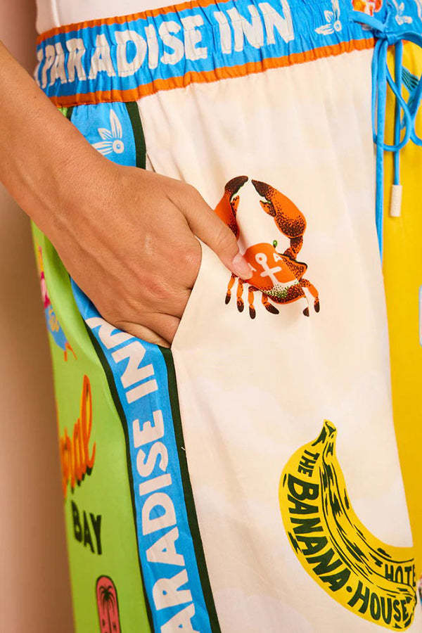 Kissed By The Sun Satin Unique Print Colorblock Elastic Waist Pocketed Wide Leg Pants-consonak