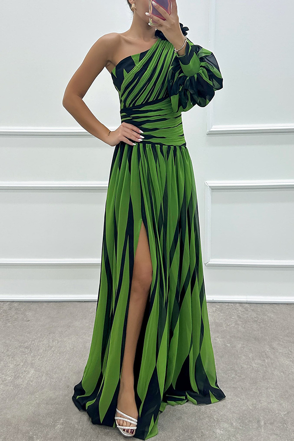 Purely Charming Printed Rose Pendant One Shoulder Pleated Slit Maxi Dress | Consonak