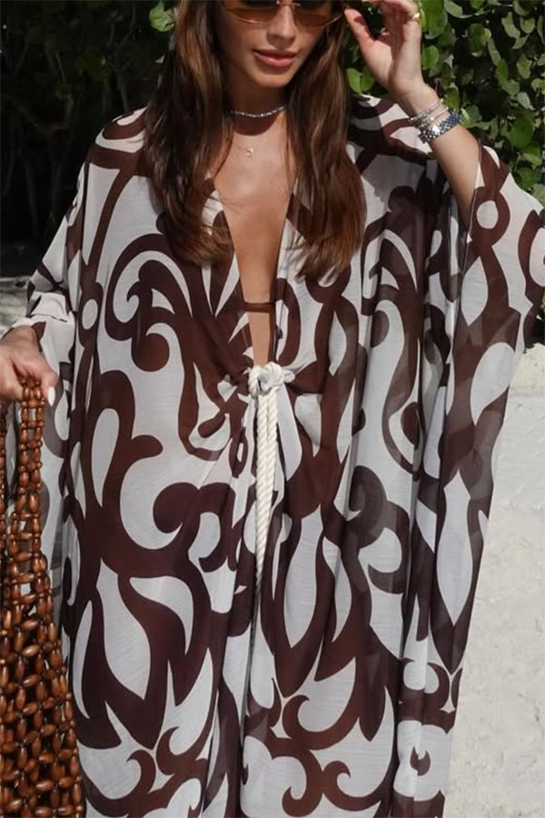Summer Day Unique Print Rope Knotted Batwing Sleeve Oversized Cover-up Dress-consonak