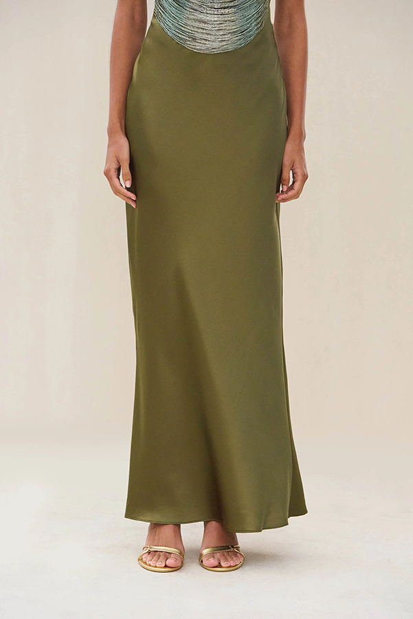Keep Polished Satin High Rise Bias Cut Drape Maxi Skirt