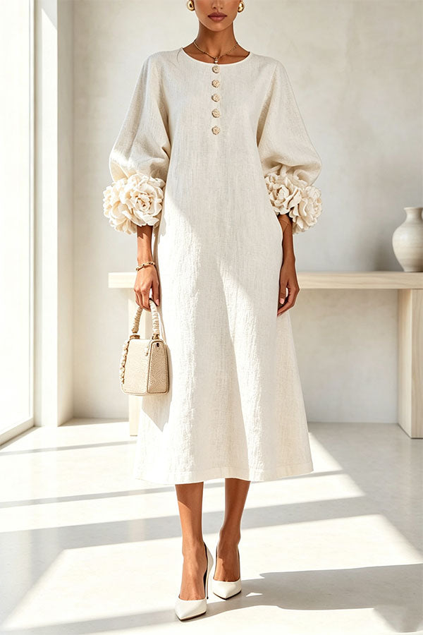 Rima Linen Blend Flowers Button Down Floral Cuffs Half Sleeve Pocket Midi Dress-Consonak
