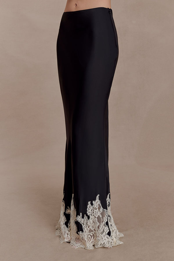 Nina Satin Lace Detail Mid Rise Flare Drape Maxi Skirt-consonak