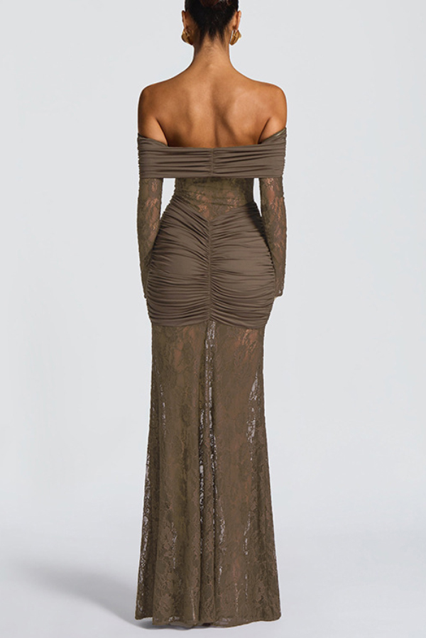Solid Color Patchwork Lace Off-shoulder Long-sleeved Pleated Slim-fit Maxi Dress-consonak