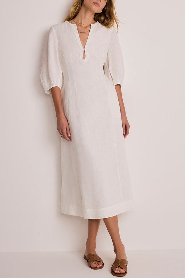 Verrah Linen Blend Key-hole Detail Neck Puff Half Sleeve Pocket Midi Dress