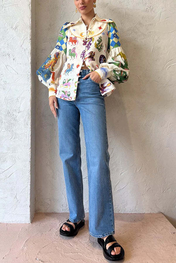 Love Frees Me Linen Blend Unique Print Balloon Sleeve Button Shirt-consonak