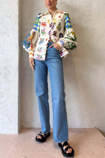 Love Frees Me Linen Blend Unique Print Balloon Sleeve Button Shirt-consonak