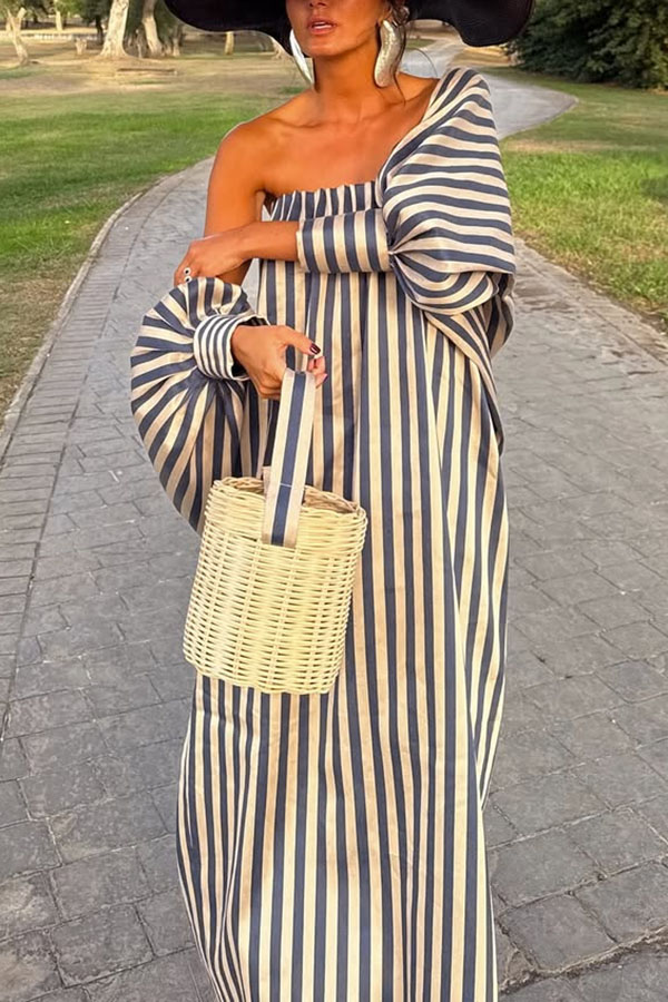 Berry Satin-Striped Detachable Balloon Sleeve Jacket Strapless Maxi Dress | Consonak