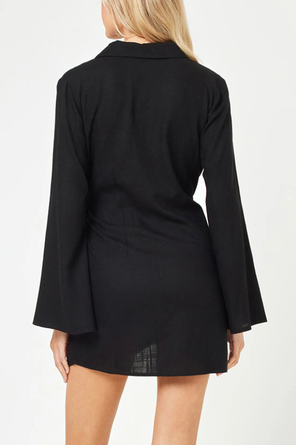 Solid Color Casual Long-sleeved V-neck Tie Waist Mini Dress-consonak