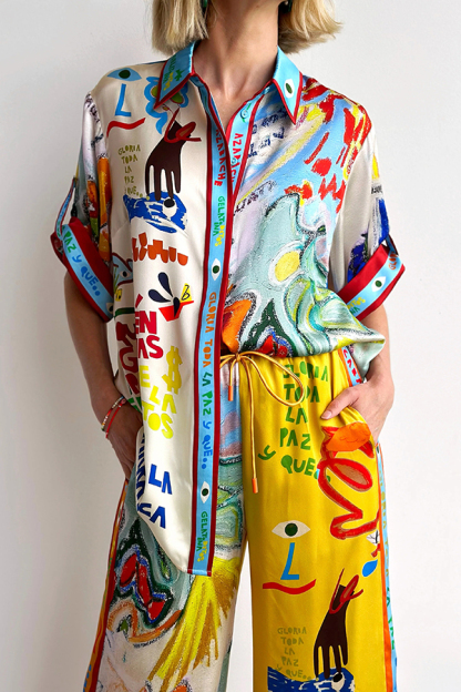 Raina Satin Unique Print Short-sleeved Loose Shirt and Elastic Waist Pocket Pants Set-consonak