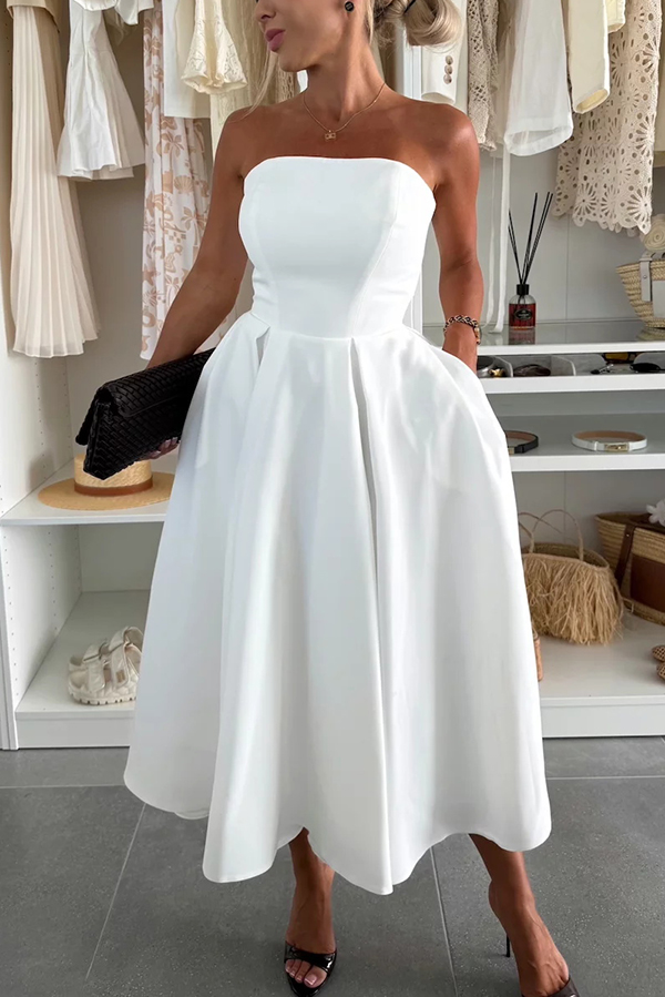 Sweet Cascade Solid Color Off Shoulder Pocket Full Hem Midi Dress-consonak