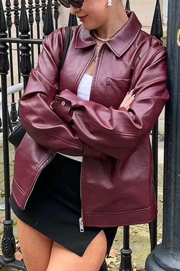 Y2K Burgundy Faux Leather Pocketed Zipper Loose Jacket-consonak
