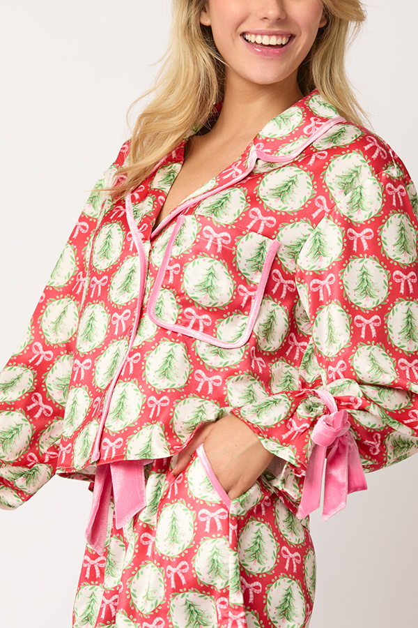 Christmas Printed Velvet Lace-up Long-sleeve Pocket Top and Elastic Waist Wide-leg Pants Set-consonak