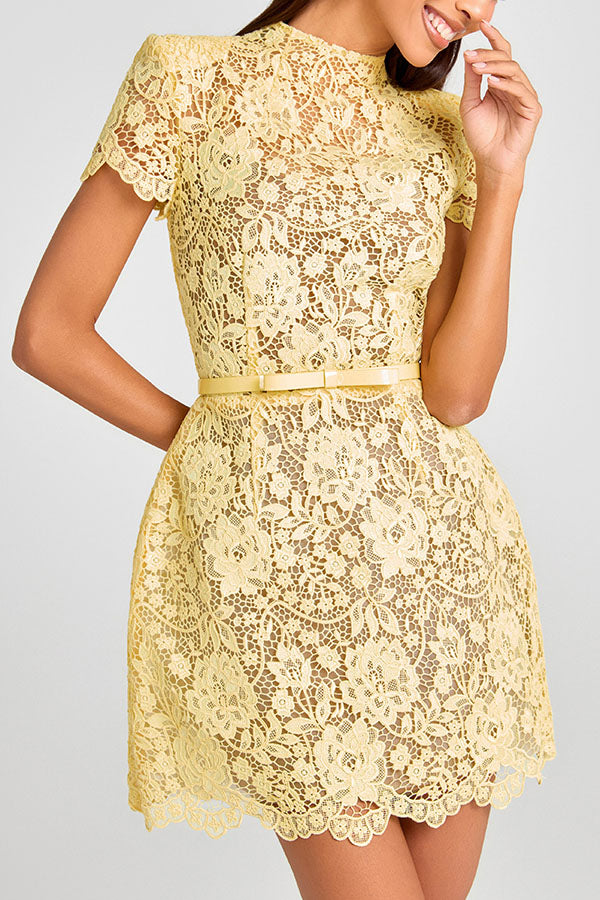 Champagne Toast Flower Lace Short Sleeve Bow Belted Mini Dress | Consonak