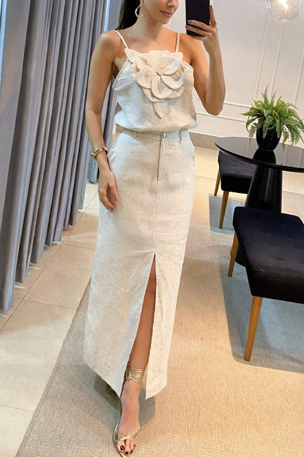 Charming Lady Linen Blend Floral Embellishment Tank and High Rise Pocketed Slit Skirt Set | Consonak