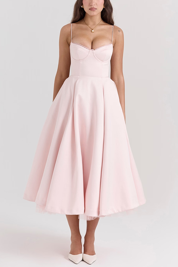 Fairytale Vibe Satin Patchwork Tulle Sweetheart Neck Pocket Stretch Midi Dress-consonak