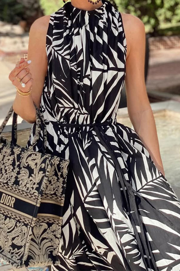 Leaf Print Sleeveless Waist Tie Casual Holiday Maxi Dress