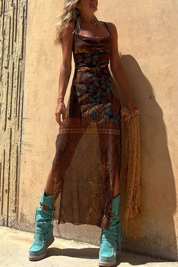 Gypsy Style Unique Print Cowl Neck Back Lace-up Slit Midi Dress-consonak