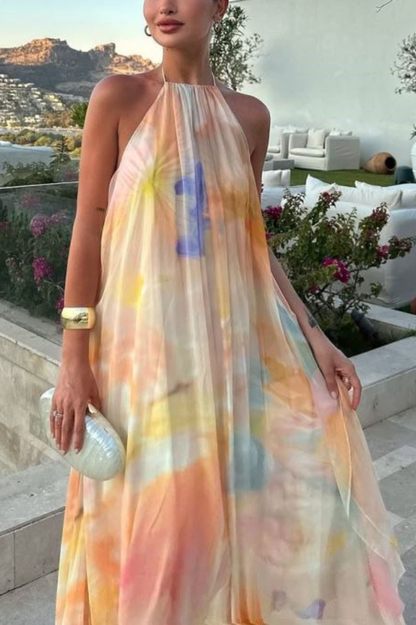 Fashionable Tie-dye Halter Neck Backless Loose Vacation Maxi Dress