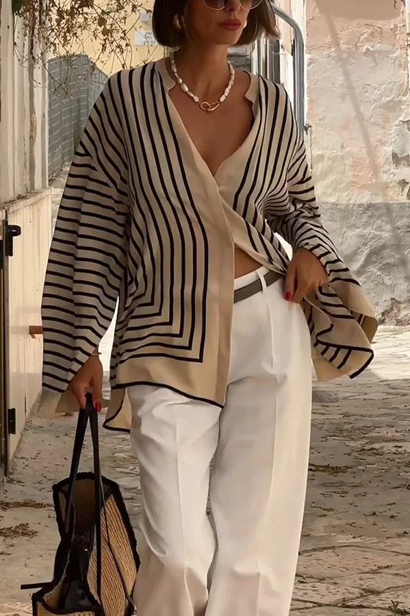 Comfortable and Effortless Striped Long Slit Sleeve Button Relaxed Loose Blouse-consonak