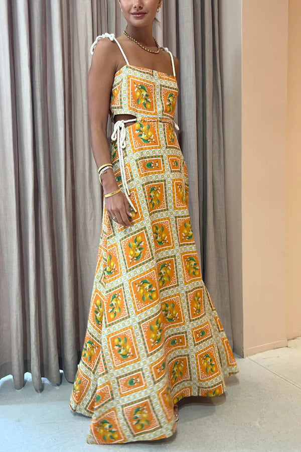 Orange Summer Printed Linen Blend Cutout Tie-up Design Maxi Dress-consonak